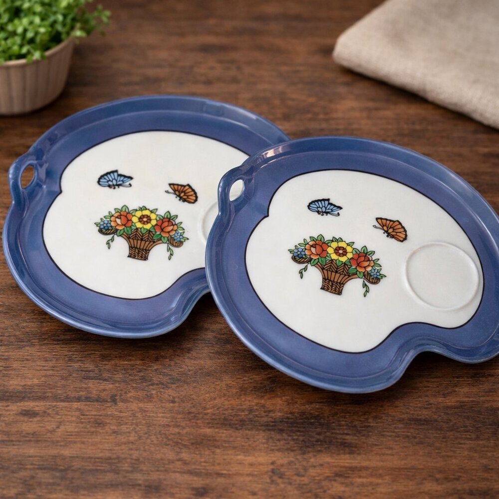 2 Noritake Plate Set Handpainted Handle Blue Iridescent‎ Flower Basket Vintage